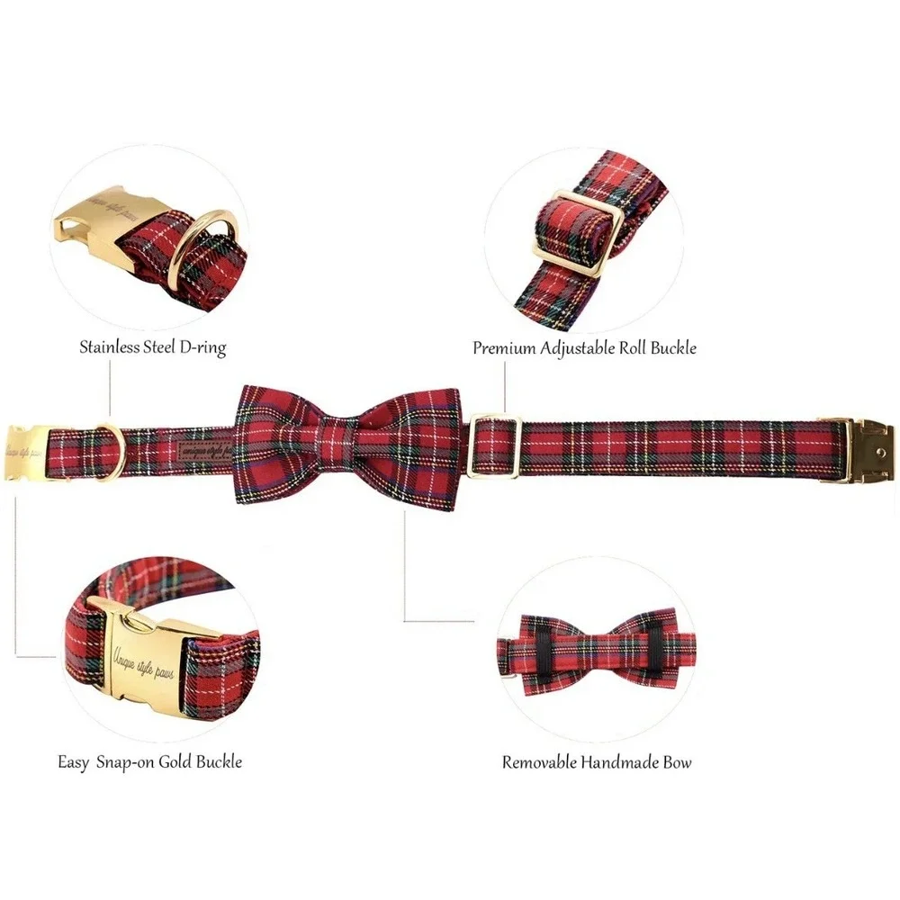 Unique Style Paws XS Dog Collar & Bow Red Green Plaid Unisex Adjustable Xmas New
